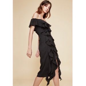 C/Meo Collective Black Cascade Ruffle Off the Shoulder Dress